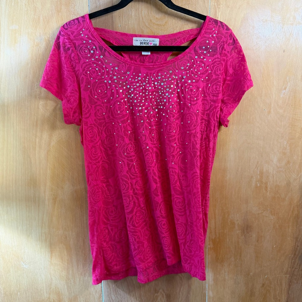 Vintage‎ Y2K McBling Hot Pink Rhinestone Rose Cutout Back Tee Top